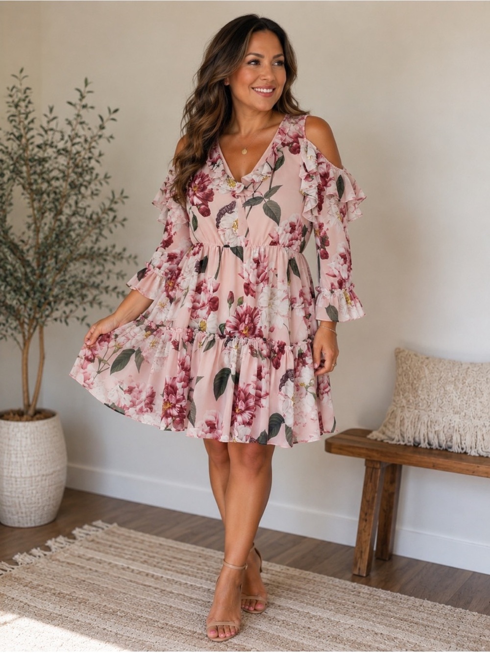 Ted Baker Blush Pink Floral Cold-Shoulder Tiered Dress -
(US Women’s 10 / Large)